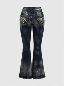 ROMWE Grunge Punk 复古女式性感低腰印花烫染蝴蝶结喇叭裤牛仔裤 - 藍色 - 查看 2