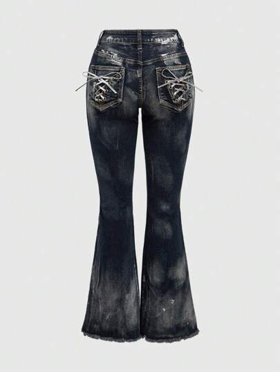 Grunge Punk Vintage pantalones vaqueros acampanados de mujer sexy de cintura baja con estampado y lazo en tinte metálico