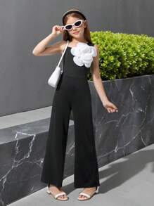 SHEIN Tween Girls' Fitted Jumpsuit With 3D Flower Design, Suitable For Party And Holiday Occasions - Black and White - View 4
