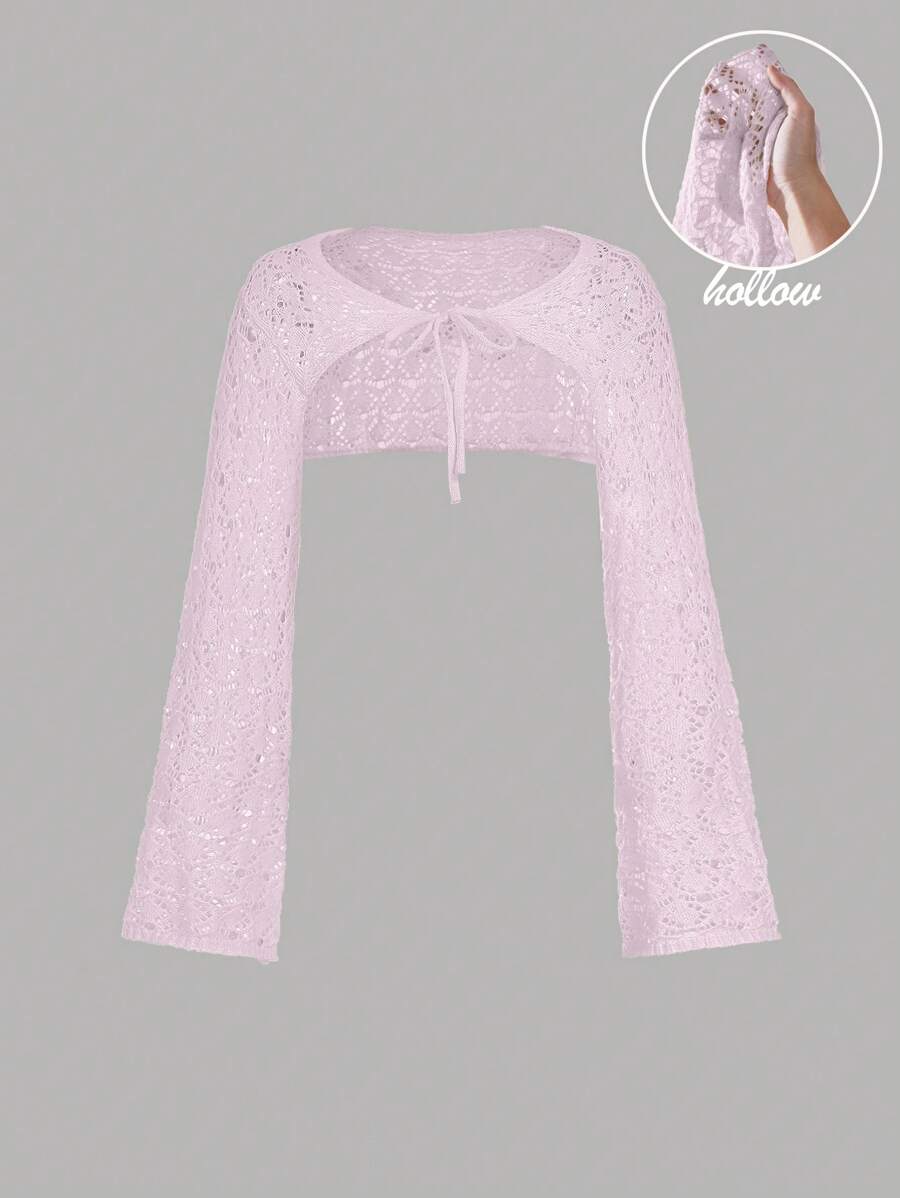SHEIN MOD 粉色系带针织镂空喇叭袖开衫,度假开衫,波西米亚开衫,沙滩开衫,女士乡村风,春季开衫外套 - 粉色 - 查看 1