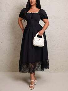 Flirla Plus Size Summer Casual Ruffle Sleeve Cinched Waist Dress - Blue - View 1