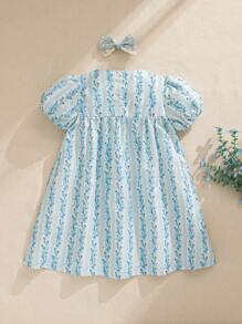 SHEIN Young Girl Rustic Ditsy Floral Color Blocking Ruffle Collar Dress, And Sweet, Suitable For Summer, Suitable For Picnic - Multicolor - View 8