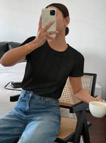 Siren Gaze Áo thun trơn họa tiết đa năng thường ngày dành cho nữ, mùa hè - màu đen - Xem 3