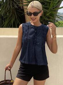 Livesso Top de mezclilla casual sin mangas, con pliegues, ribete de volantes, ajustado, para mujer, de verano