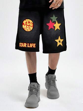 Prep Shorts para hombres con bolsillo con aplicación de letras y cintura con cordón, adecuados para el verano