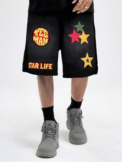 Prep Men's Prep Letters Applique Pocket Drawstring Waist Shorts, Suitable For Summer