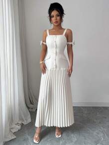 Elenzga 优雅细肩带露肩褶皱设计女式连衣裙 - 杏色 - 查看 1