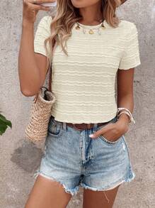 SHEIN LUNE Fitted Light Peach Crop Top Tee Shirt For Women - Apricot - View 4