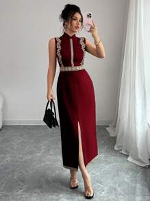 Chiquease Elegant Fashion Mandarin Collar Sleeveless Floral Embroidery Patchwork Cinched Waist Dress, Versatile For Daily Wear - Red - View 4