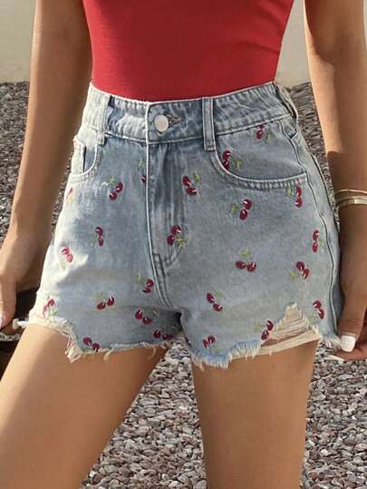 DAZY Women's Summer Cherry All Over Print Fringe Hem Super Short Denim Shorts, Sexy & Casual Streetwear