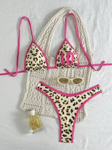 SHEIN 女士豹纹印花彩色边三角比基尼套装