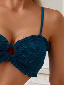 SHEIN Swim 2件套女士夏季纯色褶饰荷叶边圆环装饰系带比基尼套装 - 墨綠色 - 查看 3