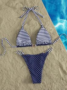 Swim Vcay 新款女式波尔卡圆点印花金属装饰系带条纹时尚性感比基尼两件套泳衣 - 彩色 - 查看 2