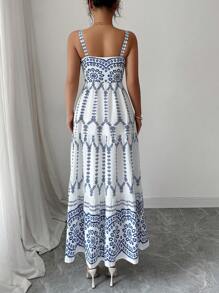 Elenzga 夏季女士细肩带收腰 A 字型优雅佩斯利印花连衣裙