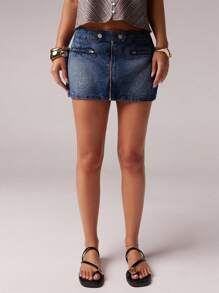 SHEIN Forever 21 春夏女士浪漫/舞会/正式/生日/90 年代服装/商务休闲女士/优雅/西部服装/外出/时尚/休闲/Y2K 服装/俱乐部/办公室/鸡尾酒会/复古/紧身/狂欢服装节日/有趣/优雅/老钱/街头服饰/度假服装/乡村音乐会服装/工作服/端庄/春假/单身女郎服装/音乐会/坏人/基本款/毕业/ A 字裙/牛仔女郎服装/无袖/牛仔裙 - 中等水洗藍 - 查看 5