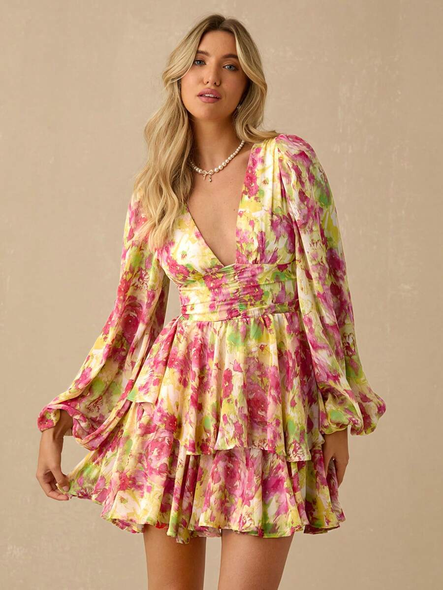 Enchnt 女士花卉印花深V领灯笼袖时尚迷你度假连衣裙 - 黃色 - 查看 1