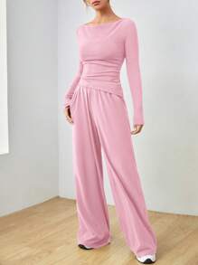 SHEIN EZwear Women's Spring & Autumn Casual Long Sleeve Blouse And Pants Set - Pink - View 5