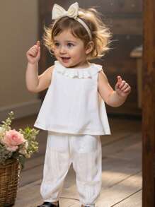 SHEIN Baby Girls Casual Korean Style Lace Collar Jacquard Weave Patterned Woven Top And Pants Set For Summer - White - View 7