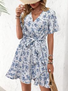 Breezaya 斑点狗印花蝴蝶袖荷叶边裹身下摆系带连衣裙度假海滩装女款 - 彩色 - 查看 5