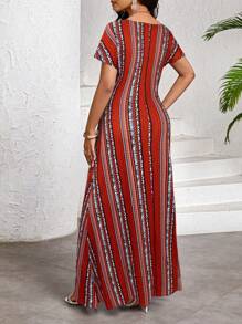 SHEIN Lady 女士度假条纹圆领短袖修身连衣裙 - 紅色 - 查看 2