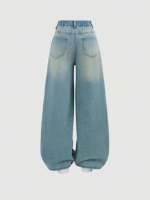 Girlism Bộ áo phông họa tiết bướm denim Y2K cho bé gái tuổi teen và quần jeans ống rộng màu xanh - Rửa nhẹ - Xem 6