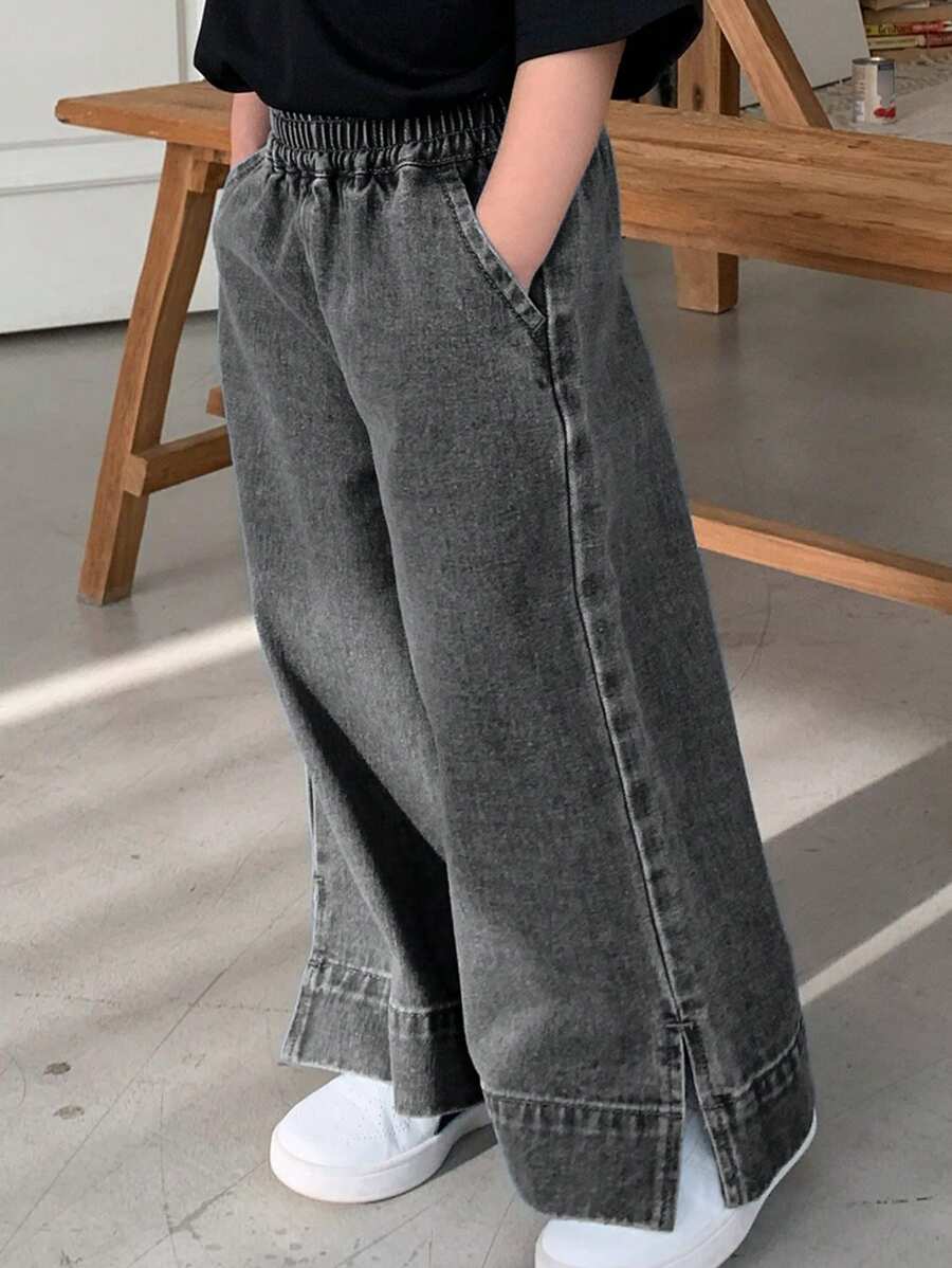 Dazy Kids Young Girl's Baggy Pockets Wide-Leg Casual Loose Fit Jeans, Versatile - Grey - View 1