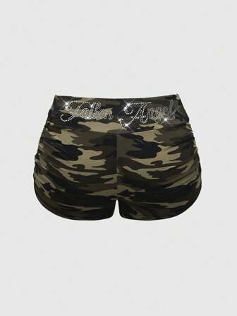 J-Fashion Y2K Style Plus Size Camouflage Ruched Skinny Rhinestone Embellished Shorts