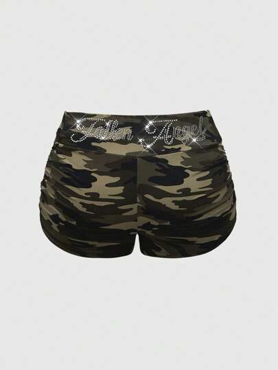 J-Fashion Y2K Style Plus Size Camouflage Ruched Skinny Rhinestone Embellished Shorts