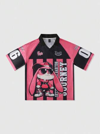 Prep Camisa polo casual de hombre con estampado de dibujos animados de color contrastante, para el verano