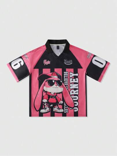 Prep Men's Jersey Casual Contrast Color Cartoon Printed Polo Shirt, Summer