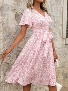 SHEIN Clasi 浪漫碎花夏季休闲连衣裙波西米亚粉色连衣裙，女士太阳裙，波西米亚风格服装