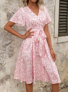 SHEIN Clasi 浪漫碎花夏季休闲连衣裙波西米亚粉色连衣裙，女士太阳裙，波西米亚风格服装