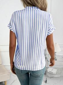 SHEIN Clasi Áo sơ mi cài nút xếp nếp kẻ sọc mới cho nữ, trang phục công sở - Màu xanh lam - Xem 2