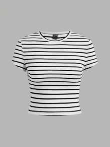 SHEIN EZwear 4 件套休闲简约纯色百搭字母和地理设计圆领短袖短款修身女式 T 恤适合夏季、海滩度假、春假、女生旅行 - 彩色 - 查看 6