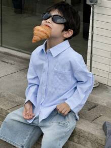 Dazy Kids 男童条纹长袖单排扣口袋休闲衬衫 - 藍色 - 查看 4