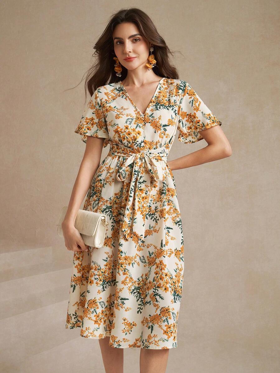 SHEIN Clasi Vestido con cinturón con estampado floral de manga mariposa