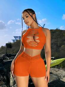 SHEIN SXY 女士纯色不对称腰身休闲百搭日常穿搭紧身短裤 - 橘色 - 查看 3