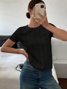 Siren Gaze Áo thun trơn họa tiết đa năng thường ngày dành cho nữ, mùa hè - màu đen - Xem 4