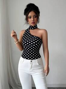 Elenzga 女式圆点印花镂空设计修身上衣 - 黑色 - 查看 7