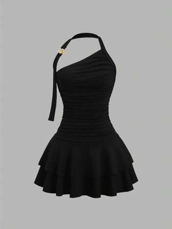 Sweetra Nuevo diseño de vestido mini con falda acampanada que afina la cintura, con ornamento espiral dorado para mujeres