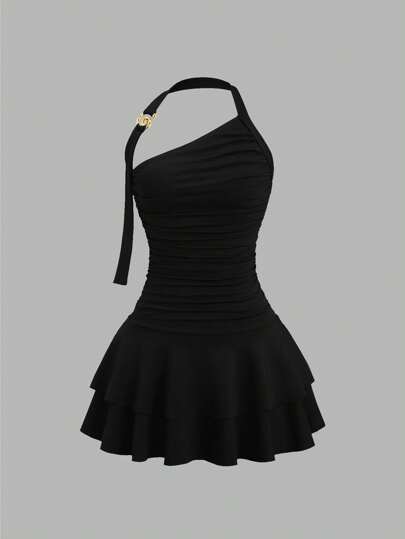 Sweetra 新款螺旋金色装饰收腰喇叭裙女式迷你连衣裙