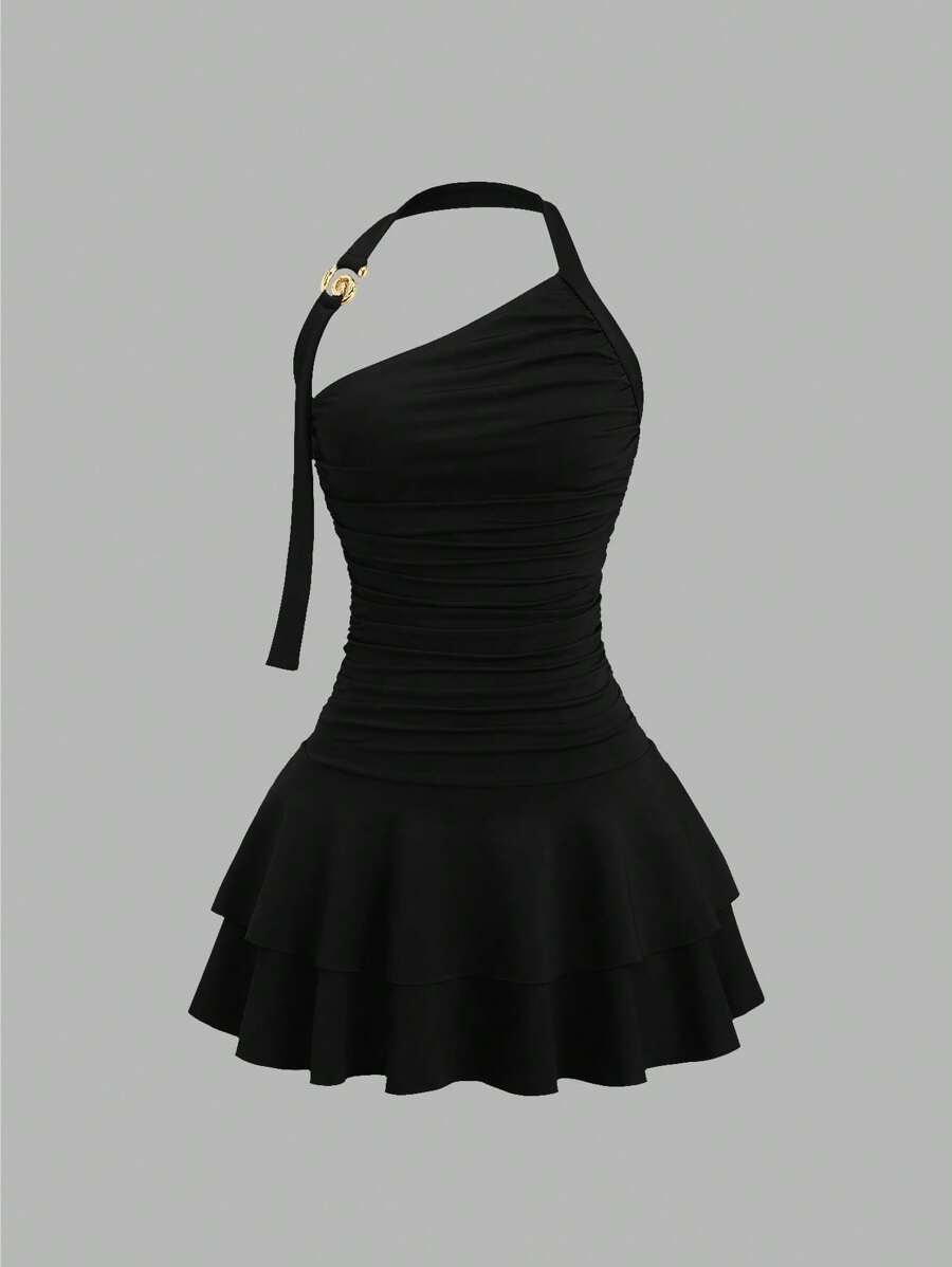 Sweetra New Design Spiral Gold Ornament Waist-Cinching Flared Skirt Mini Dress For Women - Black - View 1