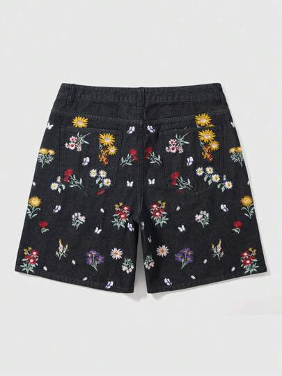 Street Life سروال قصير جينز مطرز بطبعات زهرية رقيقة للرجال لفصل الصيف الكاجوال