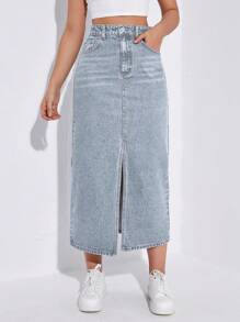 SHEIN ICON 女式长款牛仔裙，带口袋和侧开衩 - 淺灰色 - 查看 3