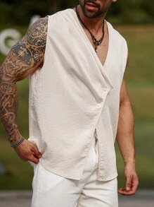 Manfinity RSRT 加大码男士纯色单排扣褶裥休闲上衣，夏季 - 杏色 - 查看 5