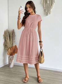 EMERY ROSE 女士休闲纯色圆领短袖腰带夏季连衣裙，女士商务休闲连衣裙 - 粉色 - 查看 4