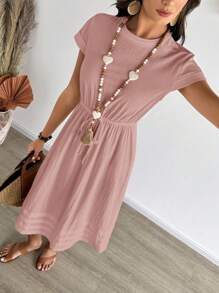 EMERY ROSE 女士休闲纯色圆领短袖腰带夏季连衣裙，女士商务休闲连衣裙 - 粉色 - 查看 6