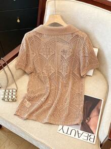 Franclia Women Solid Color Hollow Out Single Breasted Thin Short Sleeve Cardigan - Bronze - View 2