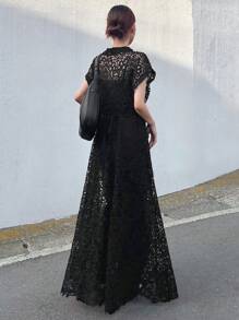 FRIFUL Women's Long Black Sheer Lace V-Neck Waisted Dress, Vacation Beachwear Elegant Prom Dress