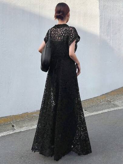 FRIFUL 女士黑色长款薄纱蕾丝V领收腰连衣裙，度假沙滩装优雅舞会礼服长裙